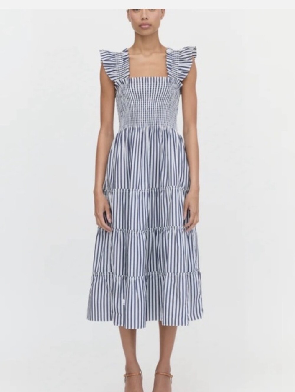 Hill House Ellie Nap Dress  Navy & White Striped Smocked Square Neck Midi Dress